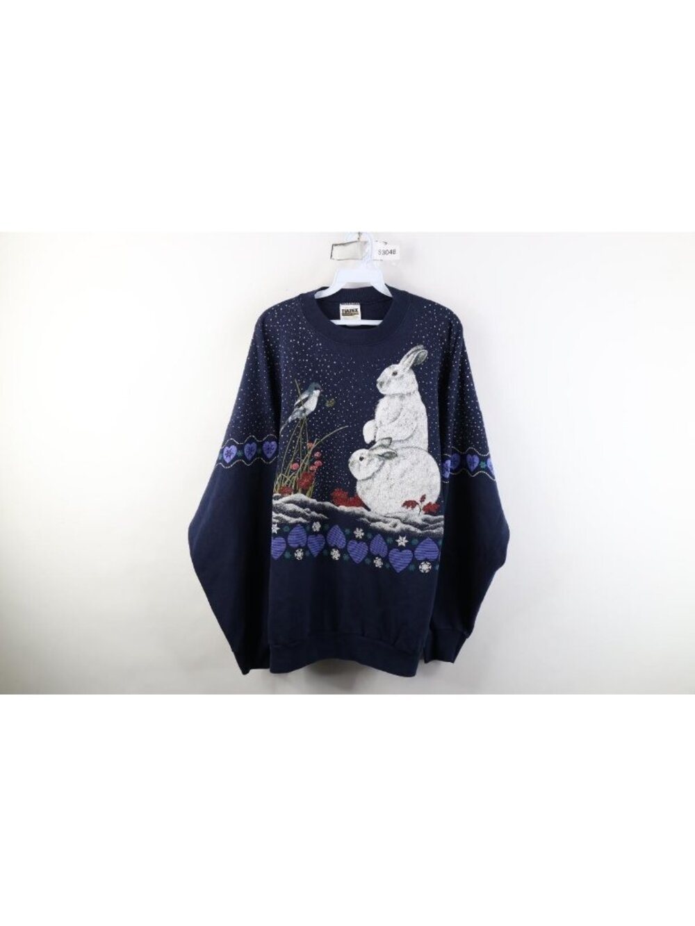 Vintage 90s Womens XL All Over Print Snow Bunny Rabbit Bird Heart Sweatshirt AOP
